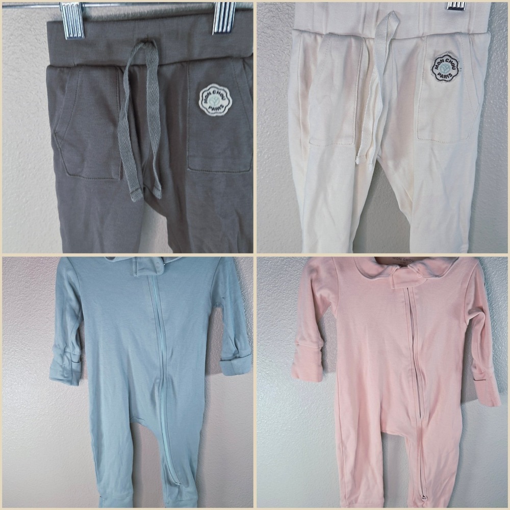 Mon Chou Organic Cotton Baby Bundle 6-9M Zip Rompers Pants Set Neutral Pink Blue